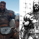 Left: Winston Duke relaxes as M'Baku in Marvel's Black Panther. Right: Art of Batman from DC's announcement teaser for Batman Unburied.
